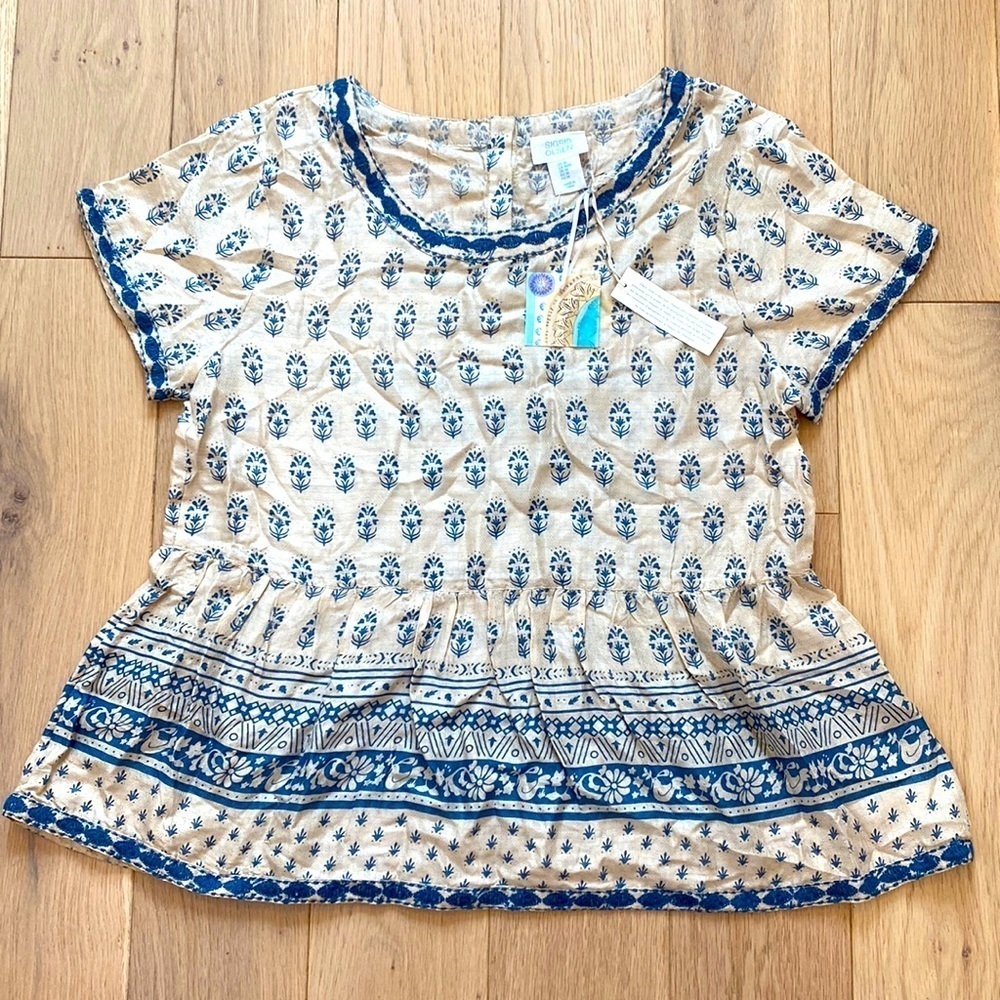 NWT Sigrid Olsen peasant babydoll  blouse. Blue paisley print.